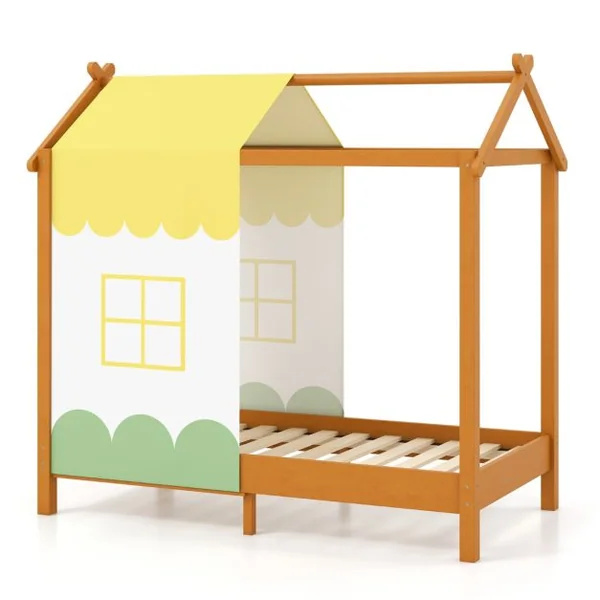 Lit Maison de 70 x 140 Cm pour Enfants avec Ciel de Lit Amovible Lit Plateforme avec 12 Lattes en Bois Massif Cadre de Lit Montessori