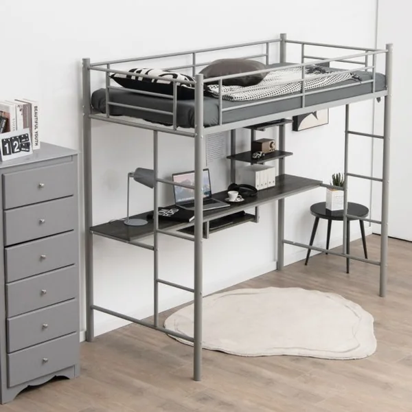 Lit Mezzanine en Métal avec Bureau 2 Etagères et 2 Echelles Lattes en Acier et Garde-Corps 200 cm x 95cm x 180,5cm Argent/Blanc/Noir