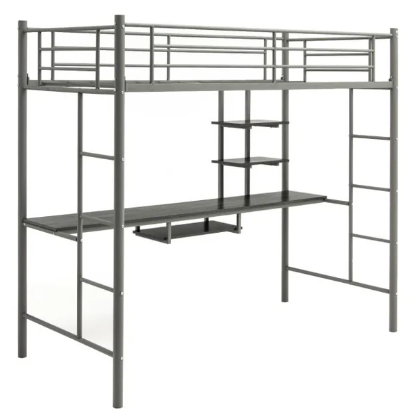 Lit Mezzanine en Métal avec Bureau 2 Etagères et 2 Echelles Lattes en Acier et Garde-Corps 200 cm x 95cm x 180,5cm Argent/Blanc/Noir