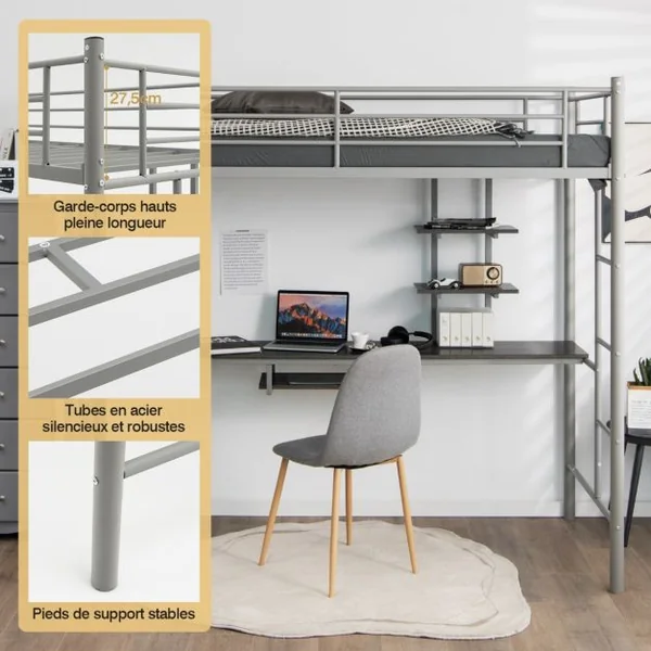 Lit Mezzanine en Métal avec Bureau 2 Etagères et 2 Echelles Lattes en Acier et Garde-Corps 200 cm x 95cm x 180,5cm Argent/Blanc/Noir