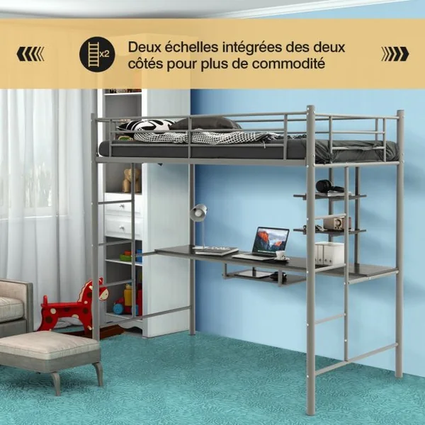 Lit Mezzanine en Métal avec Bureau 2 Etagères et 2 Echelles Lattes en Acier et Garde-Corps 200 cm x 95cm x 180,5cm Argent/Blanc/Noir