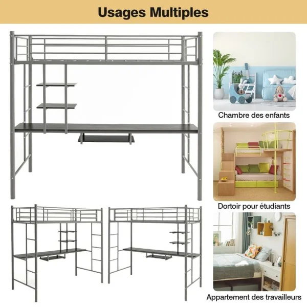 Lit Mezzanine en Métal avec Bureau 2 Etagères et 2 Echelles Lattes en Acier et Garde-Corps 200 cm x 95cm x 180,5cm Argent/Blanc/Noir