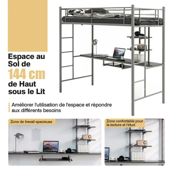 Lit Mezzanine en Métal avec Bureau 2 Etagères et 2 Echelles Lattes en Acier et Garde-Corps 200 cm x 95cm x 180,5cm Argent/Blanc/Noir