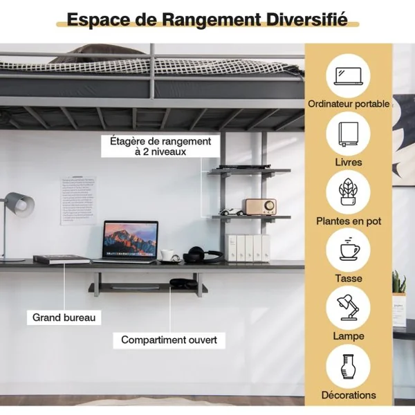 Lit Mezzanine en Métal avec Bureau 2 Etagères et 2 Echelles Lattes en Acier et Garde-Corps 200 cm x 95cm x 180,5cm Argent/Blanc/Noir
