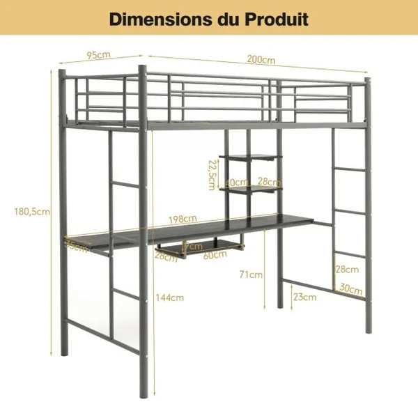 Lit Mezzanine en Métal avec Bureau 2 Etagères et 2 Echelles Lattes en Acier et Garde-Corps 200 cm x 95cm x 180,5cm Argent/Blanc/Noir