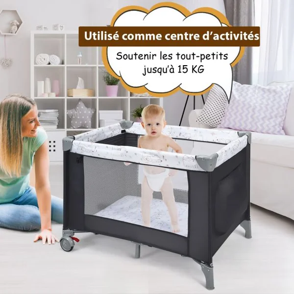 Lit Parapluie Bébé 3 en 1 avec Table à Langer Lit de Voyage Pliable avec Matelas Respirant Roue Universelle avec Frein Berceau Bébé de 0-36 Mois