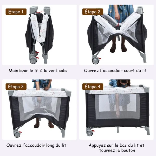 Lit Parapluie Bébé 3 en 1 avec Table à Langer Lit de Voyage Pliable avec Matelas Respirant Roue Universelle avec Frein Berceau Bébé de 0-36 Mois