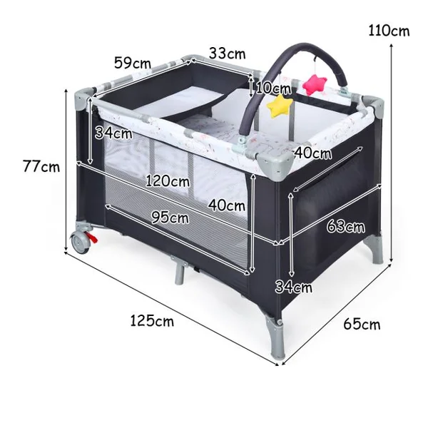 Lit Parapluie Bébé 3 en 1 avec Table à Langer Lit de Voyage Pliable avec Matelas Respirant Roue Universelle avec Frein Berceau Bébé de 0-36 Mois
