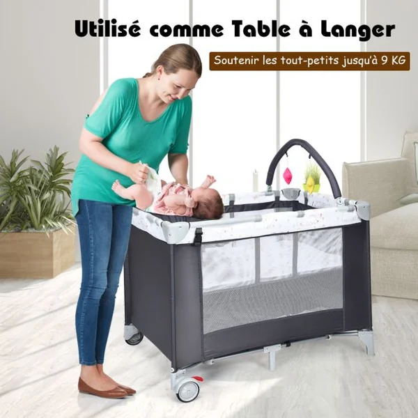 Lit Parapluie Bébé 3 en 1 avec Table à Langer Lit de Voyage Pliable avec Matelas Respirant Roue Universelle avec Frein Berceau Bébé de 0-36 Mois