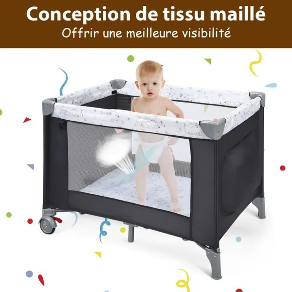 Lit Parapluie Bébé 3 en 1 avec Table à Langer Lit de Voyage Pliable avec Matelas Respirant Roue Universelle avec Frein Berceau Bébé de 0-36 Mois