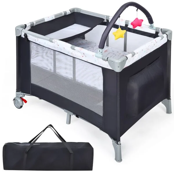 Lit Parapluie Bébé 3 en 1 avec Table à Langer Lit de Voyage Pliable avec Matelas Respirant Roue Universelle avec Frein Berceau Bébé de 0-36 Mois