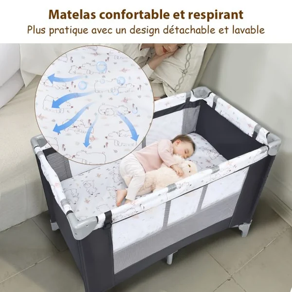 Lit Parapluie Bébé 3 en 1 avec Table à Langer Lit de Voyage Pliable avec Matelas Respirant Roue Universelle avec Frein Berceau Bébé de 0-36 Mois