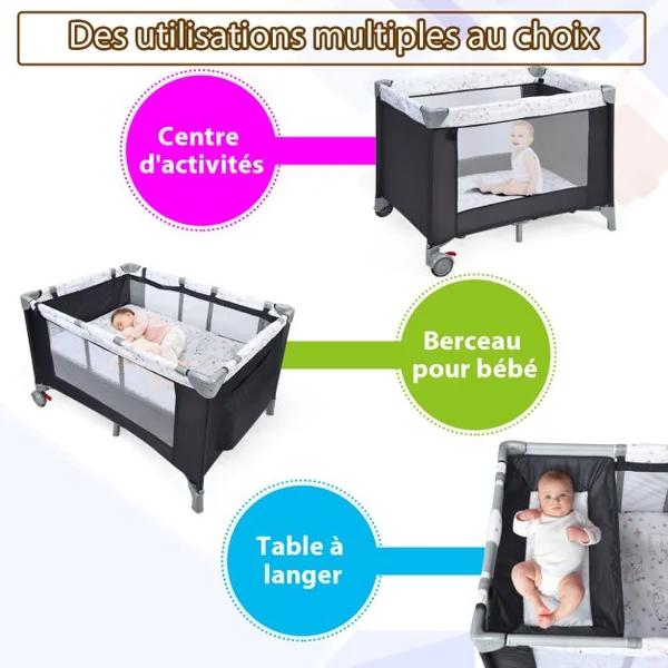 Lit Parapluie Bébé 3 en 1 avec Table à Langer Lit de Voyage Pliable avec Matelas Respirant Roue Universelle avec Frein Berceau Bébé de 0-36 Mois