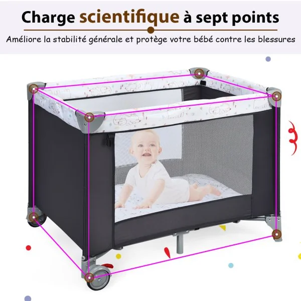 Lit Parapluie Bébé 3 en 1 avec Table à Langer Lit de Voyage Pliable avec Matelas Respirant Roue Universelle avec Frein Berceau Bébé de 0-36 Mois