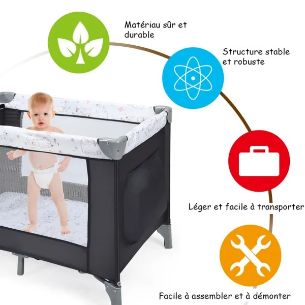 Lit Parapluie Bébé 3 en 1 avec Table à Langer Lit de Voyage Pliable avec Matelas Respirant Roue Universelle avec Frein Berceau Bébé de 0-36 Mois