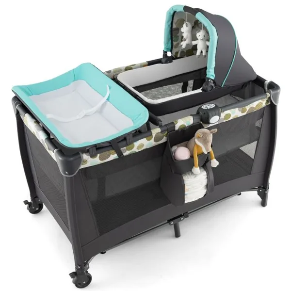 Lit Parapluie Bébé 4 en 1 Berceau Détaché Table à Langer avec Matelas Boîte à Musique et 2 Jouets Suspendu 0-36 Mois Bleu