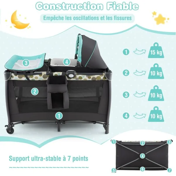 Lit Parapluie Bébé 4 en 1 Berceau Détaché Table à Langer avec Matelas Boîte à Musique et 2 Jouets Suspendu 0-36 Mois Bleu