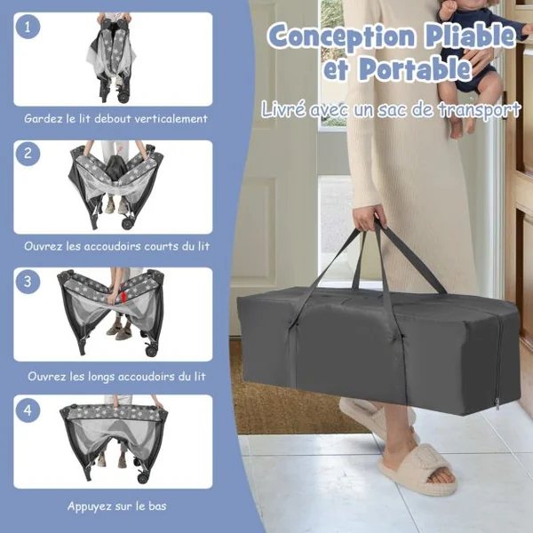 Lit Parapluie Bébé avec Matelas&Moustiquaire Charge 9kg pour 0-36 Mois