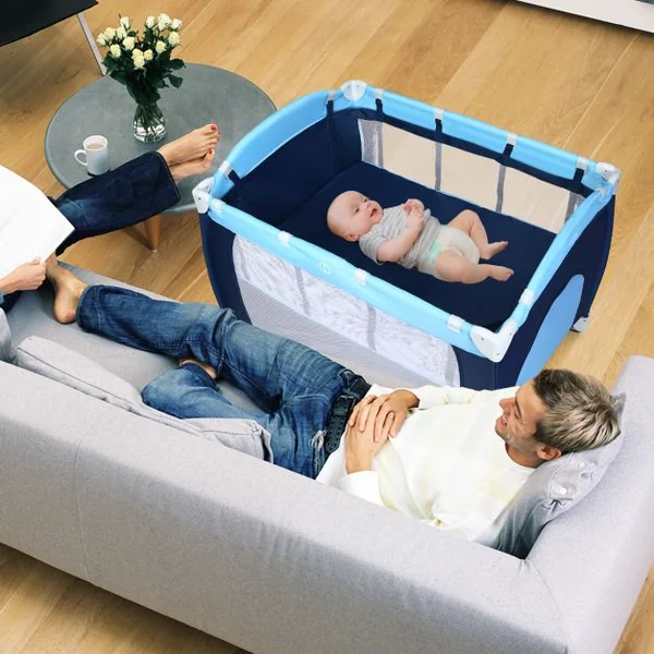 Lit Parapluie Pliable avec Matelas pour Bébé 0-36 Mois Lit de Voyage avec Table à Langer Jouets Capote Moustiquaire Bleu/Gris/Noir
