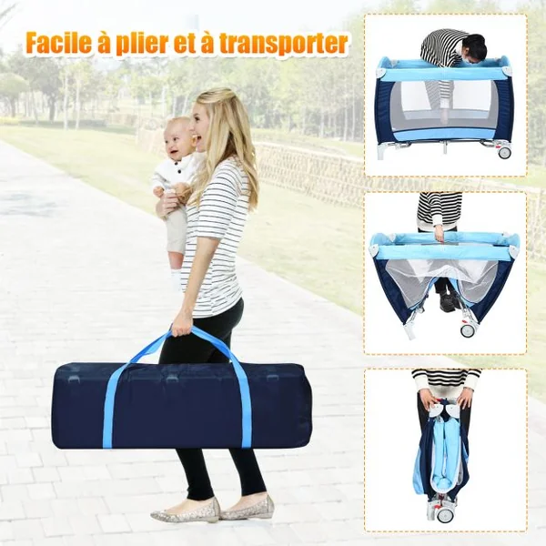 Lit Parapluie Pliable avec Matelas pour Bébé 0-36 Mois Lit de Voyage avec Table à Langer Jouets Capote Moustiquaire Bleu/Gris/Noir