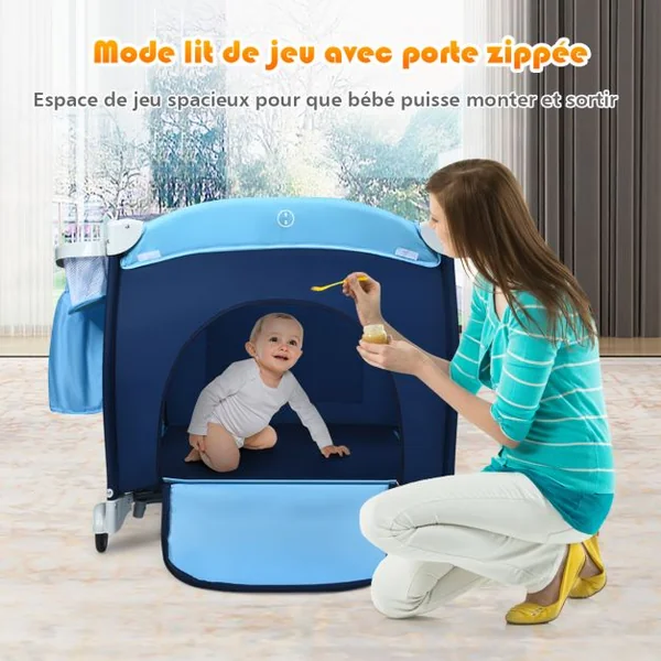 Lit Parapluie Pliable avec Matelas pour Bébé 0-36 Mois Lit de Voyage avec Table à Langer Jouets Capote Moustiquaire Bleu/Gris/Noir