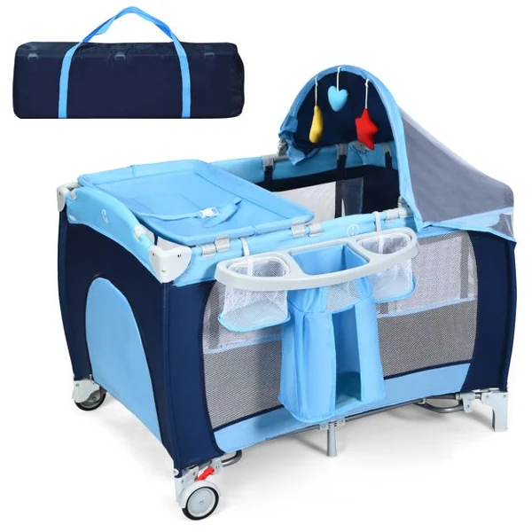 Lit Parapluie Pliable avec Matelas pour Bébé 0-36 Mois Lit de Voyage avec Table à Langer Jouets Capote Moustiquaire Bleu/Gris/Noir