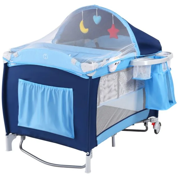Lit Parapluie Pliable avec Matelas pour Bébé 0-36 Mois Lit de Voyage avec Table à Langer Jouets Capote Moustiquaire Bleu/Gris/Noir