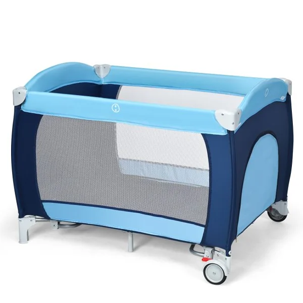 Lit Parapluie Pliable avec Matelas pour Bébé 0-36 Mois Lit de Voyage avec Table à Langer Jouets Capote Moustiquaire Bleu/Gris/Noir