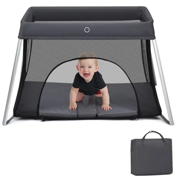 Lit Parapluie pour Bébé 1-3ans avec Matelas Souple et Lavable Parc Pliable Fermeture Eclair Sac de Transport Argent