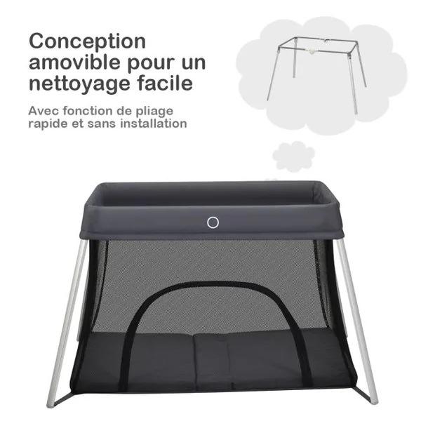 Lit Parapluie pour Bébé 1-3ans avec Matelas Souple et Lavable Parc Pliable Fermeture Eclair Sac de Transport Argent