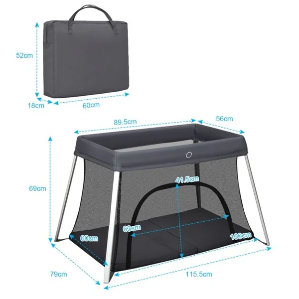 Lit Parapluie pour Bébé 1-3ans avec Matelas Souple et Lavable Parc Pliable Fermeture Eclair Sac de Transport Argent