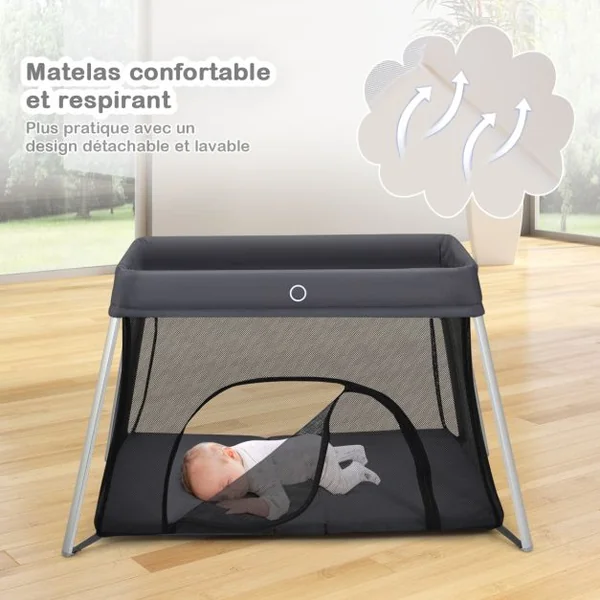 Lit Parapluie pour Bébé 1-3ans avec Matelas Souple et Lavable Parc Pliable Fermeture Eclair Sac de Transport Argent