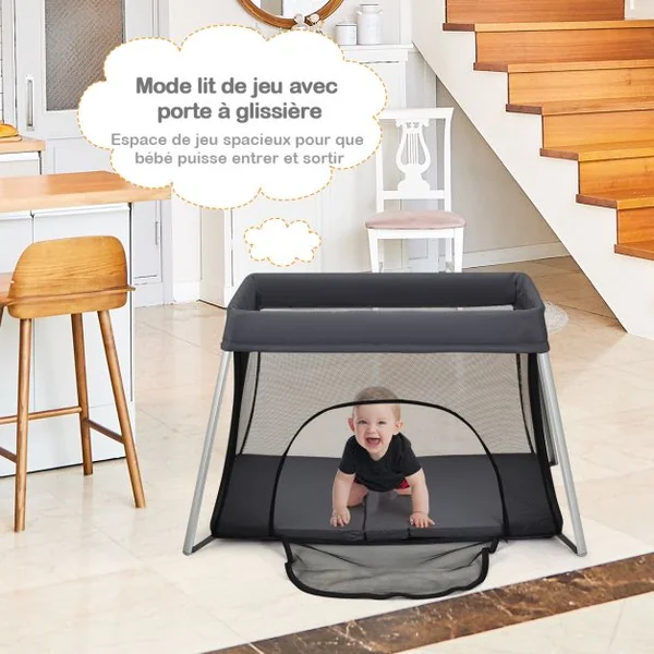 Lit Parapluie pour Bébé 1-3ans avec Matelas Souple et Lavable Parc Pliable Fermeture Eclair Sac de Transport Argent