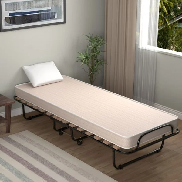 Lit Pliant sur Roulettes 190 x 80 x 33 CM Lit d'Appoint avec Matelas en Mousse 6,5 CM pour Maison et Bureau Noir+Bleu/Beige/Gris