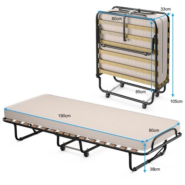 Lit Pliant sur Roulettes 190 x 80 x 33 CM Lit d'Appoint avec Matelas en Mousse 6,5 CM pour Maison et Bureau Noir+Bleu/Beige/Gris