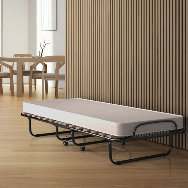 Lit Pliant sur Roulettes 190 x 80 x 33 CM Lit d'Appoint avec Matelas en Mousse 6,5 CM pour Maison et Bureau Noir+Bleu/Beige/Gris