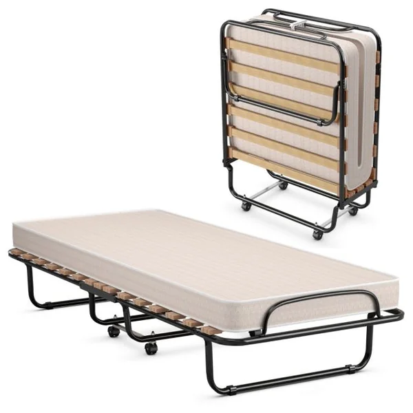 Lit Pliant sur Roulettes 190 x 80 x 33 CM Lit d'Appoint avec Matelas en Mousse 6,5 CM pour Maison et Bureau Noir+Bleu/Beige/Gris