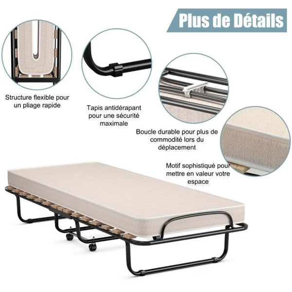 Lit Pliant sur Roulettes 190 x 80 x 33 CM Lit d'Appoint avec Matelas en Mousse 6,5 CM pour Maison et Bureau Noir+Bleu/Beige/Gris