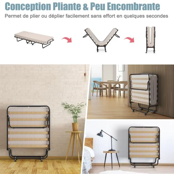 Lit Pliant sur Roulettes 190 x 80 x 33 CM Lit d'Appoint avec Matelas en Mousse 6,5 CM pour Maison et Bureau Noir+Bleu/Beige/Gris