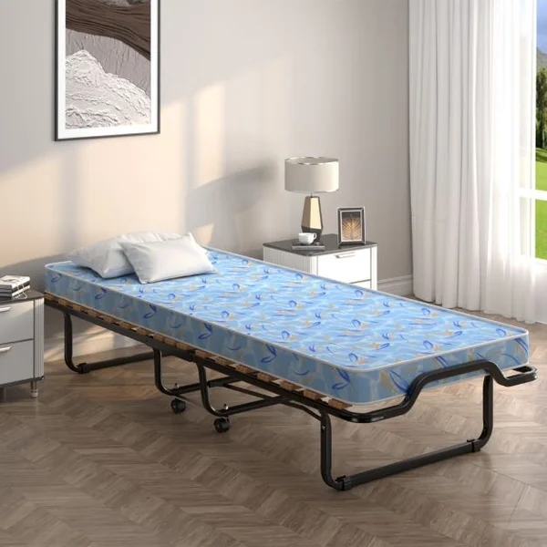 Lit Pliant sur Roulettes 90 x 200 x 41 CM Lit d'Appoint avec Matelas en Mousse 10 CM pour Maison et Bureau Bleu