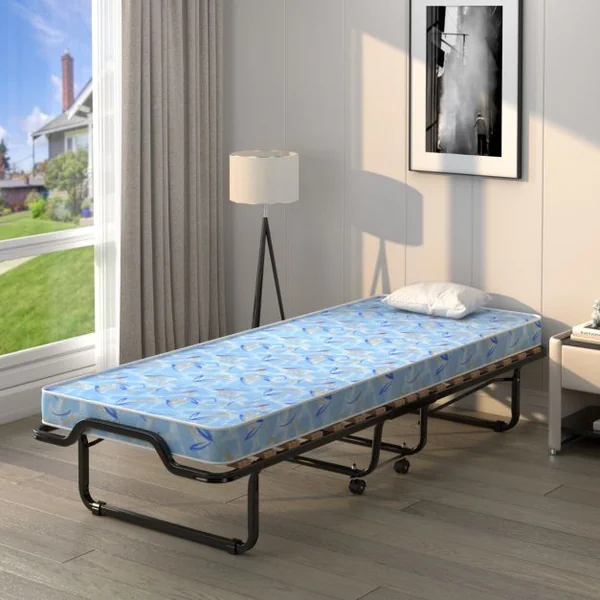 Lit Pliant sur Roulettes 90 x 200 x 41 CM Lit d'Appoint avec Matelas en Mousse 10 CM pour Maison et Bureau Bleu