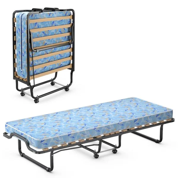 Lit Pliant sur Roulettes 90 x 200 x 41 CM Lit d'Appoint avec Matelas en Mousse 10 CM pour Maison et Bureau Bleu