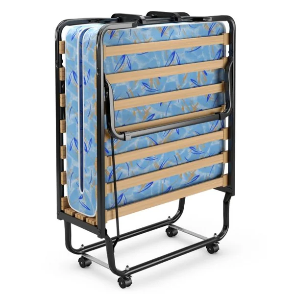 Lit Pliant sur Roulettes 90 x 200 x 41 CM Lit d'Appoint avec Matelas en Mousse 10 CM pour Maison et Bureau Bleu