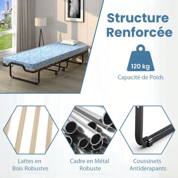 Lit Pliant sur Roulettes 90 x 200 x 41 CM Lit d'Appoint avec Matelas en Mousse 10 CM pour Maison et Bureau Bleu