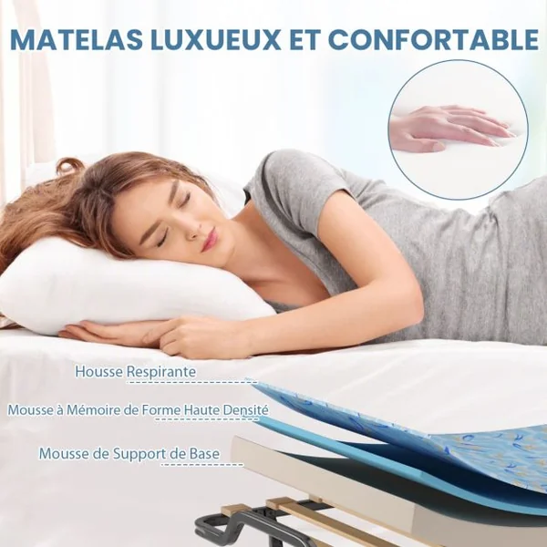 Lit Pliant sur Roulettes 90 x 200 x 41 CM Lit d'Appoint avec Matelas en Mousse 10 CM pour Maison et Bureau Bleu