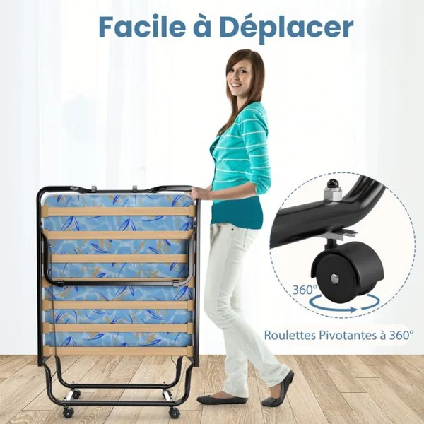 Lit Pliant sur Roulettes 90 x 200 x 41 CM Lit d'Appoint avec Matelas en Mousse 10 CM pour Maison et Bureau Bleu