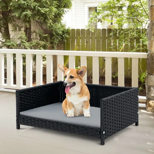 Lit pour Chien en Rotin Canapé-lit pour Animaux de Compagnie Coussin Doux Imperméable Cadre en Métal Lit pour Taille Petite et Moyenne