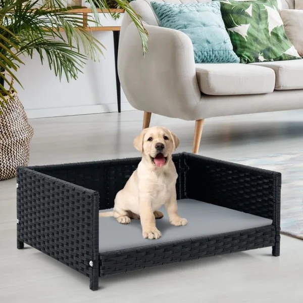 Lit pour Chien en Rotin Canapé-lit pour Animaux de Compagnie Coussin Doux Imperméable Cadre en Métal Lit pour Taille Petite et Moyenne