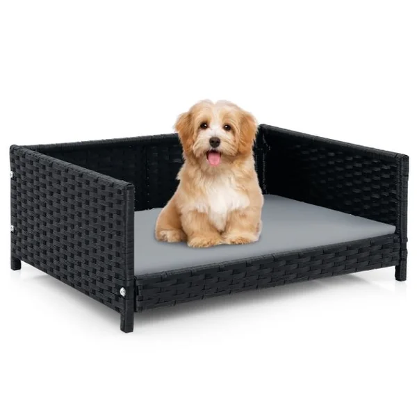 Lit pour Chien en Rotin Canapé-lit pour Animaux de Compagnie Coussin Doux Imperméable Cadre en Métal Lit pour Taille Petite et Moyenne