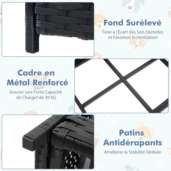 Lit pour Chien en Rotin Canapé-lit pour Animaux de Compagnie Coussin Doux Imperméable Cadre en Métal Lit pour Taille Petite et Moyenne